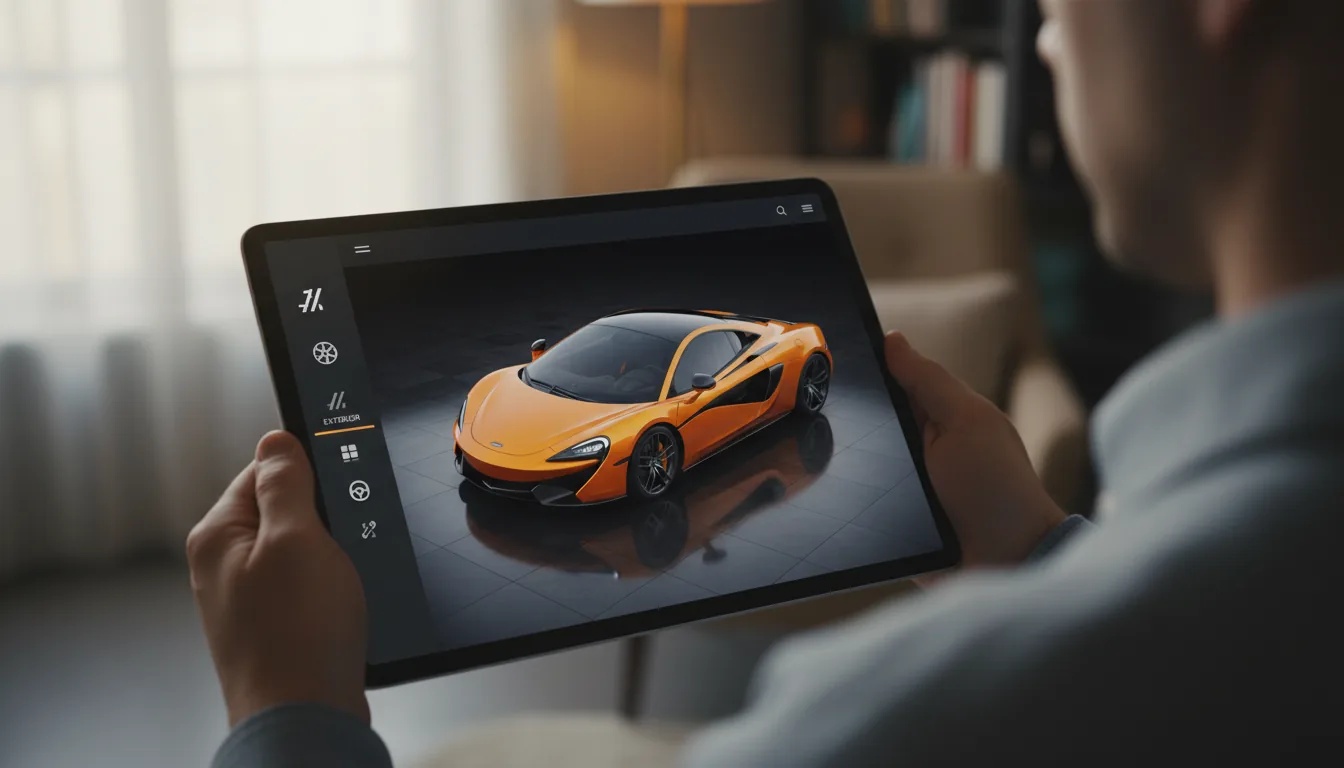 Over-the-shoulder DSLR photograph of a person holding a large tablet, shallow depth of field with the screen in sharp focus. The scene is lit with soft ambient light. The tablet displays a modern dark mode UI for a high-fidelity car configurator application. A 3D render of a vibrant orange McLaren 570S sports car is visible in the main content area, shown from a three-quarters top-down angle on a dark tiled floor. A dark gray sidebar on the left has UI menu items with abstracted text, and one item is highlighted with a bright orange accent.
