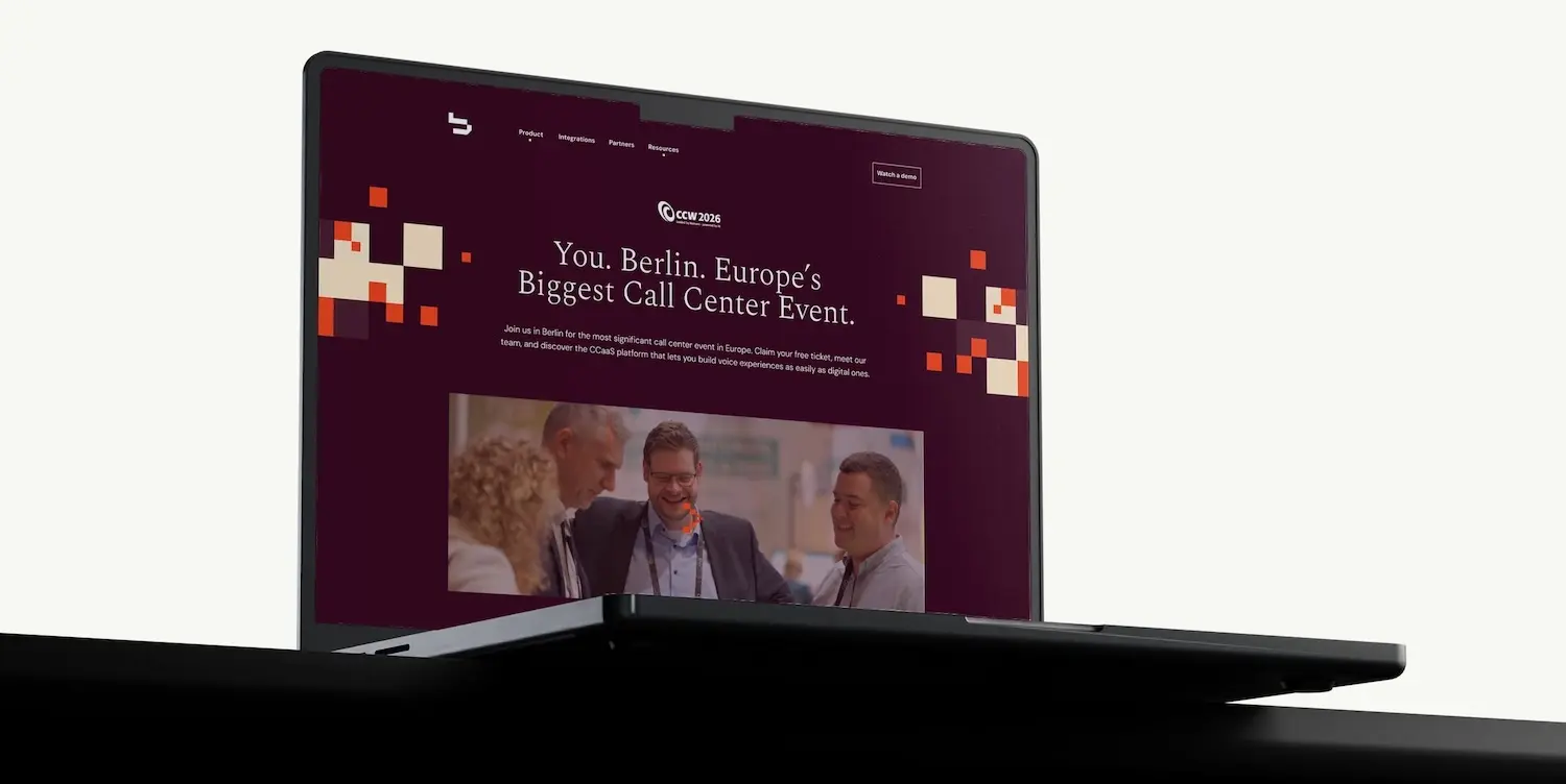 babelforce website displayed on a laptop showing a CCW 2026 Berlin event landing page with the headline You. Berlin. Europe's Biggest Call Center Event.