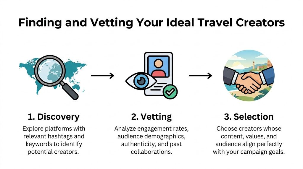 A three-step infographic showing how to find and select ideal travel influencers for marketing campaigns.