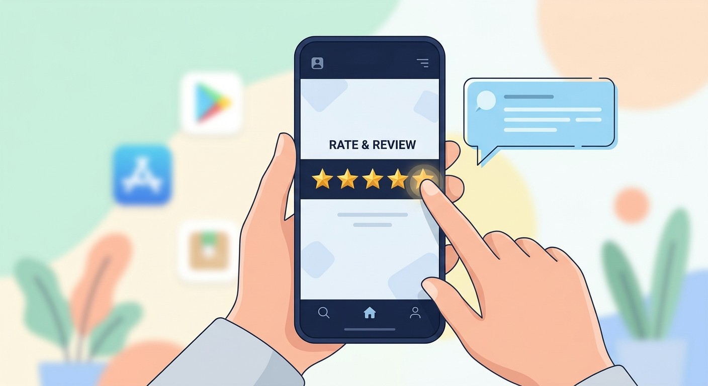 User tapping a 5-star rating on a smartphone with a review comment bubble, illustrating app store review management