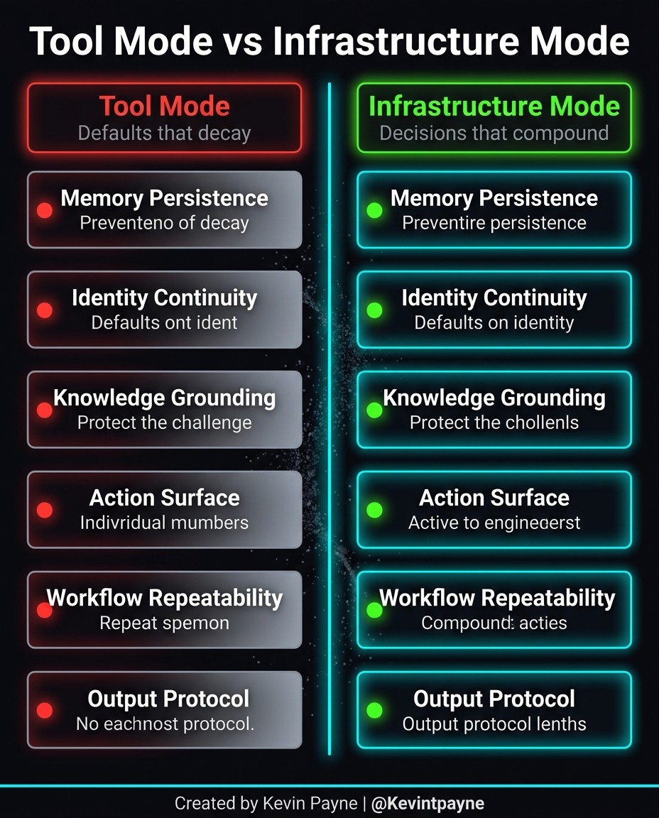 Tool mode versus infrastructure mode across six context decisions
