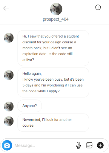 A screenshot showing a client messaging a business about a discount multiple times, but there were no replies.