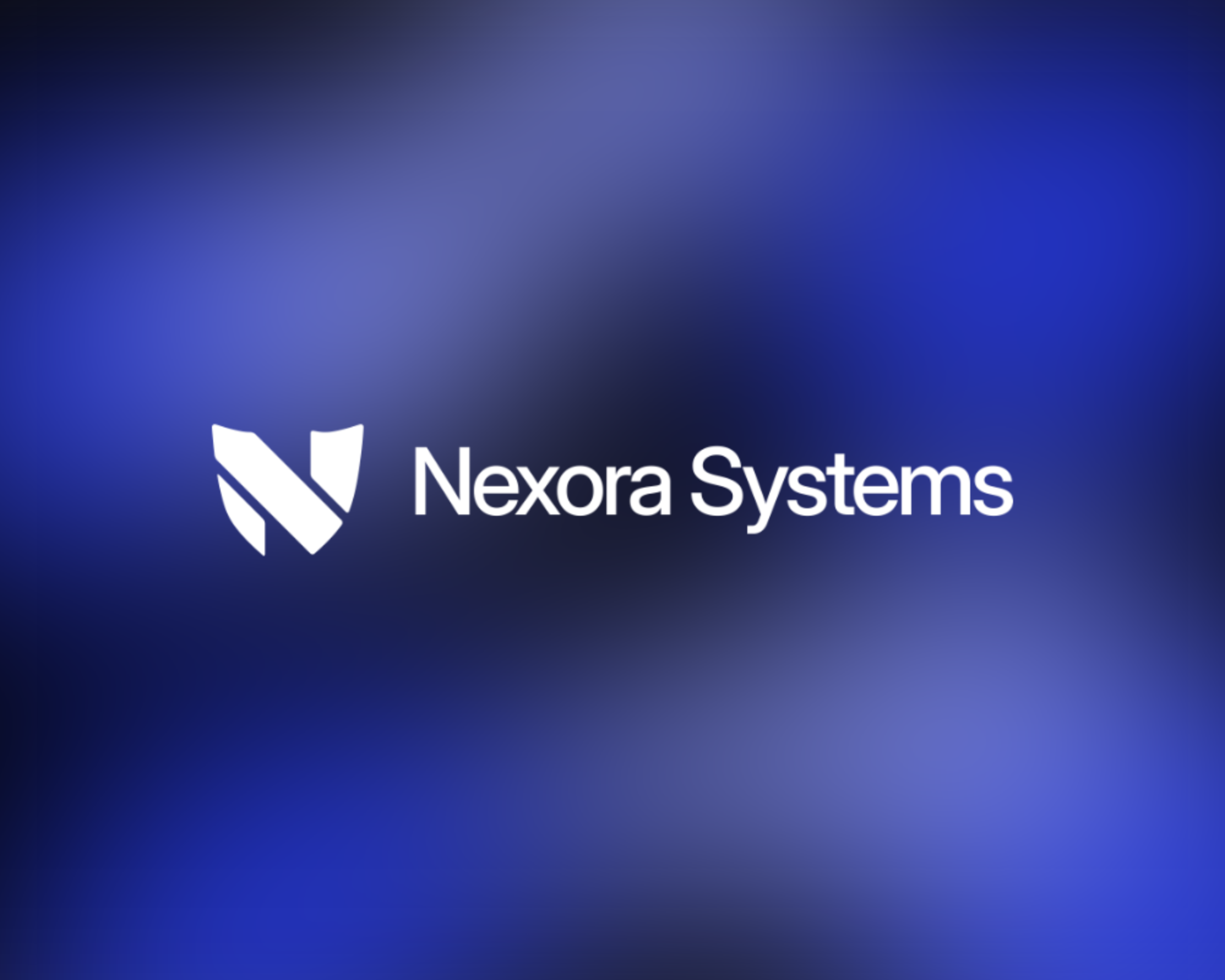 The Nexora Systems logo is featured in white against an electric blue gradient background.