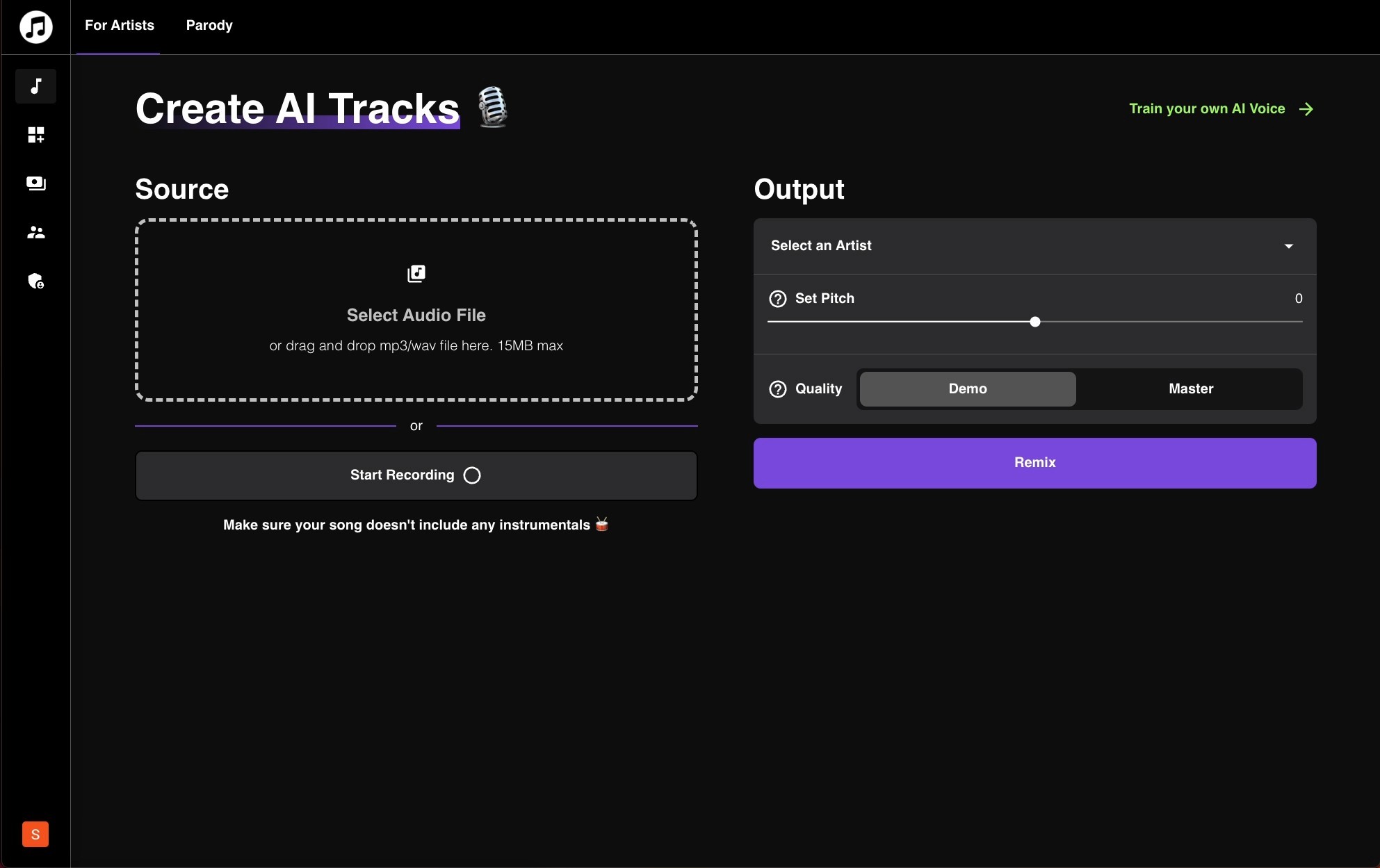 ai music dashboard for musicfy 