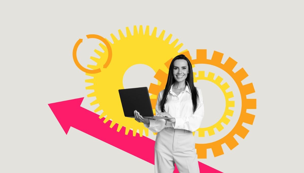 Professional holding laptop with gears and upward arrow, symbolizing how to hire ML engineers and find the right AI staffing partner.