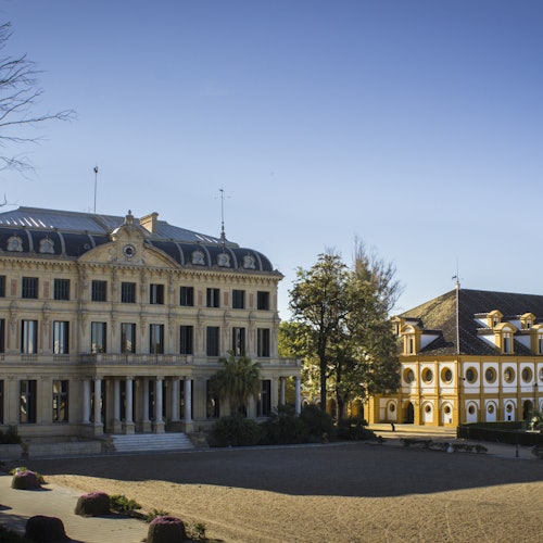 Two historic buildings with ornate architecture stand facing an open courtyard, surrounded by trees under a clear blue sky.