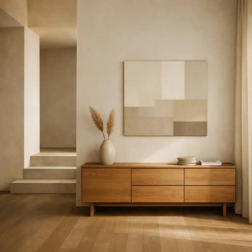Minimalistischer Raum mit Holz‑Sideboard, geometrischem Wandbild und klarer Linienführung