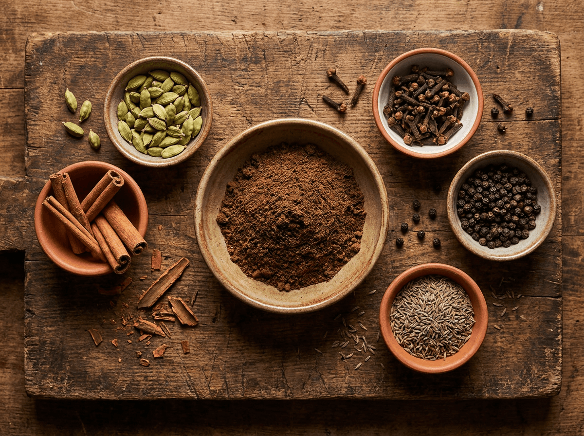 Garam masala powder in a bowl surrounded by whole spices including cardamom, cinnamon, cloves, black pepper, and cumin on a rustic wooden surface.