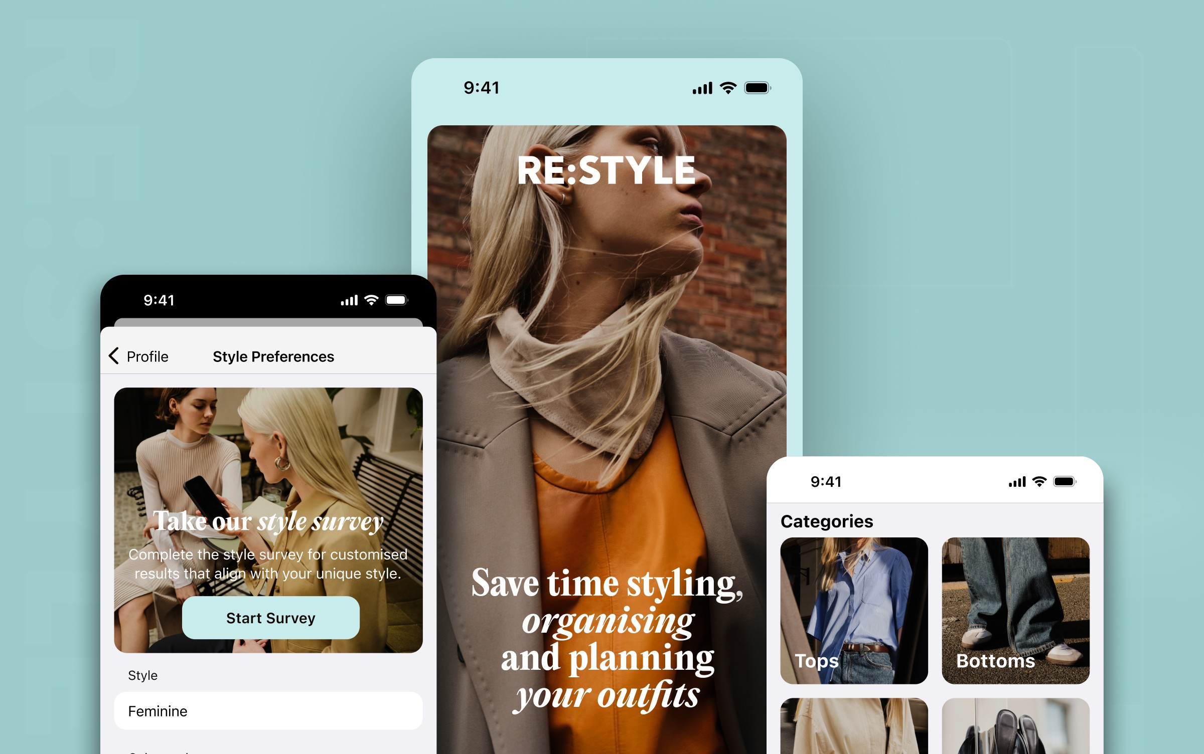 An image showing 3 screens from the Re:Style app