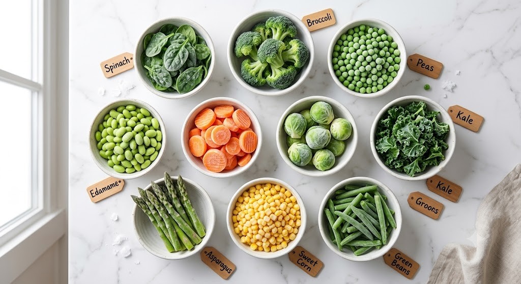 An overhead view of a beautiful, premium flat lay photograph featuring ten individual white ceramic bowls arranged on a light marble kitchen counter. Each bowl contains a different frozen vegetable: spinach, broccoli florets, peas, kale, Brussels sprouts, green beans, corn, asparagus, edamame, and sliced carrots, all with a visible layer of frost. Bright natural light illuminates the scene, and each bowl has a small, simple label next to it, like "Broccoli," "Peas," and "Spinach." The overall impression is healthy, clean, and nutritious.