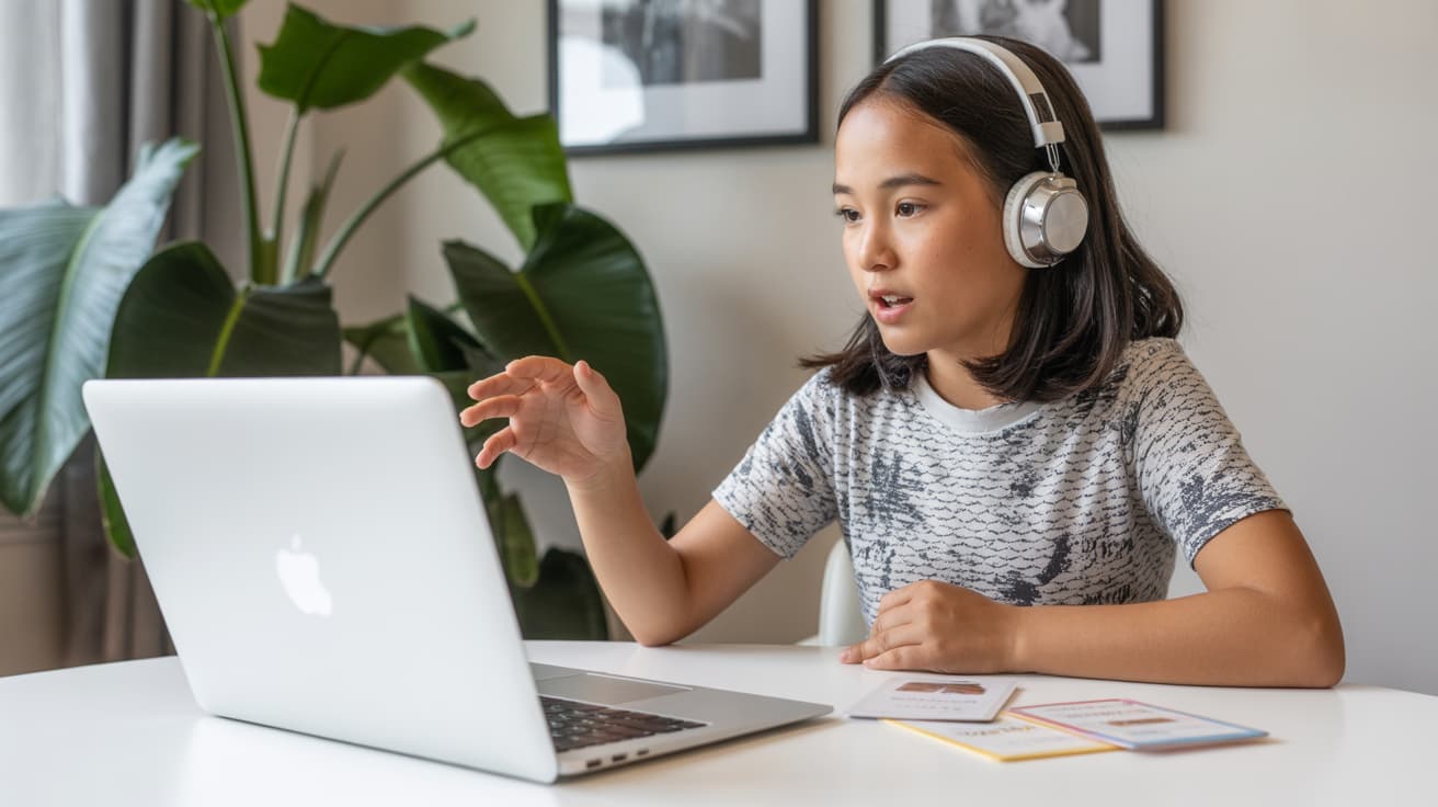 Smiling girl wearing headphones engaging in an online telehealth speech therapy session on a laptop.