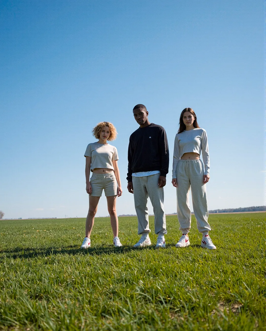 Three models standing in a green field against clear blue sky, wearing minimalist athleisure clothing in neutral tones
