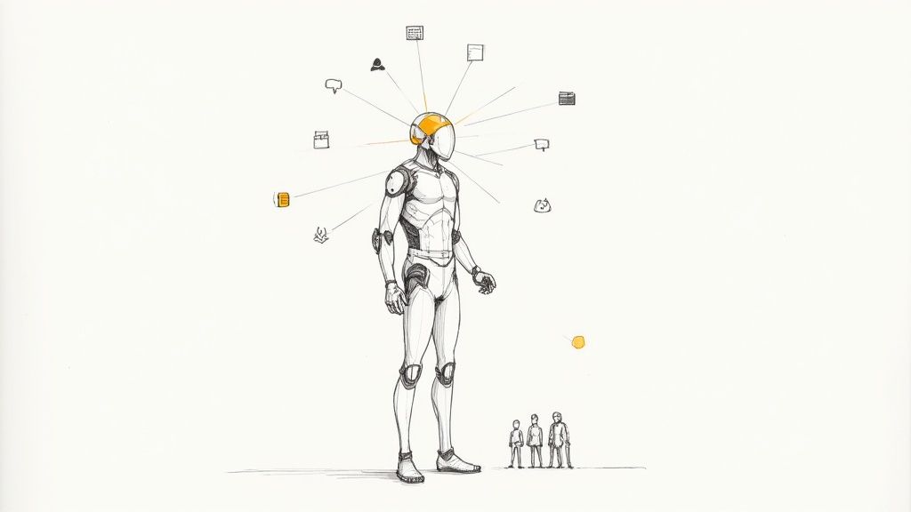 A person interacting with a futuristic digital interface, symbolizing technology as an extension of their abilities.