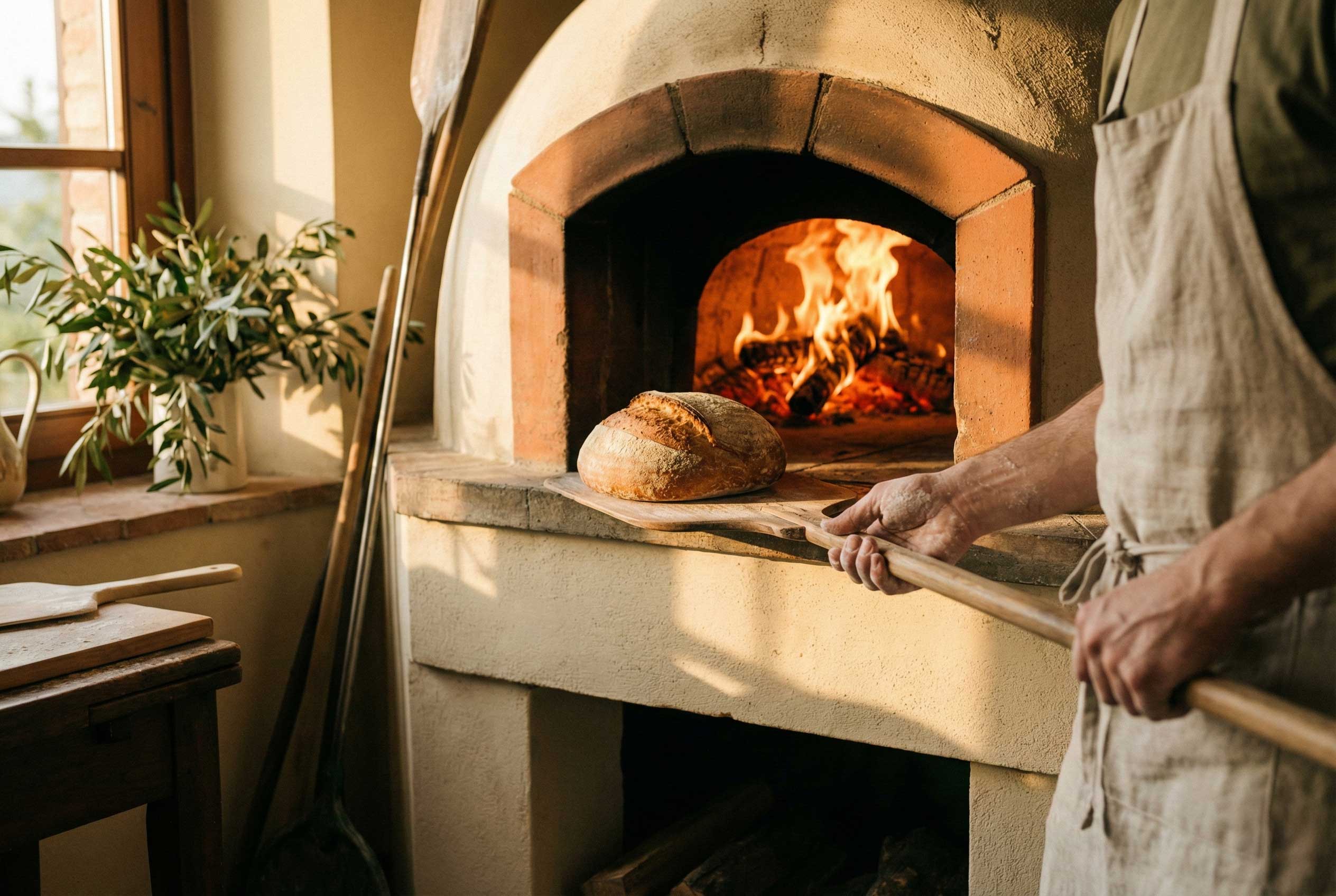A person in an apron uses a wooden peel to place a freshly baked loaf of artisan bread into a rustic, wood-fired oven, with a flickering fire visible inside, set against the backdrop of a sunlit kitchen.