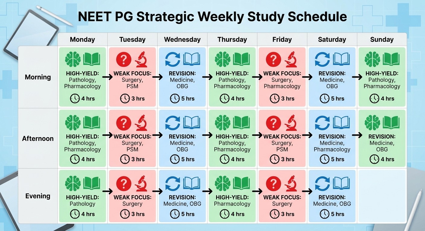 NEET PG weekly subject rotation schedule showing balanced time allocation