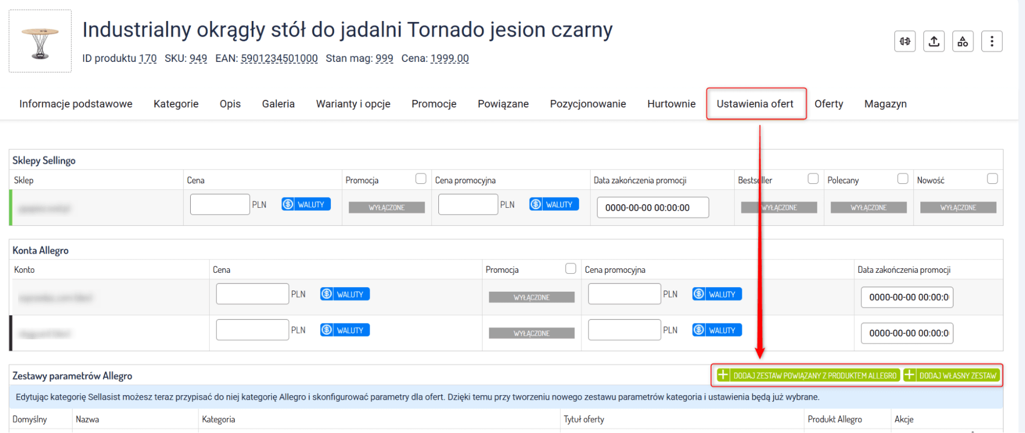 Przypisywanie zestawu parametrów na karcie Ustawienia ofert produktu w SellAsist
