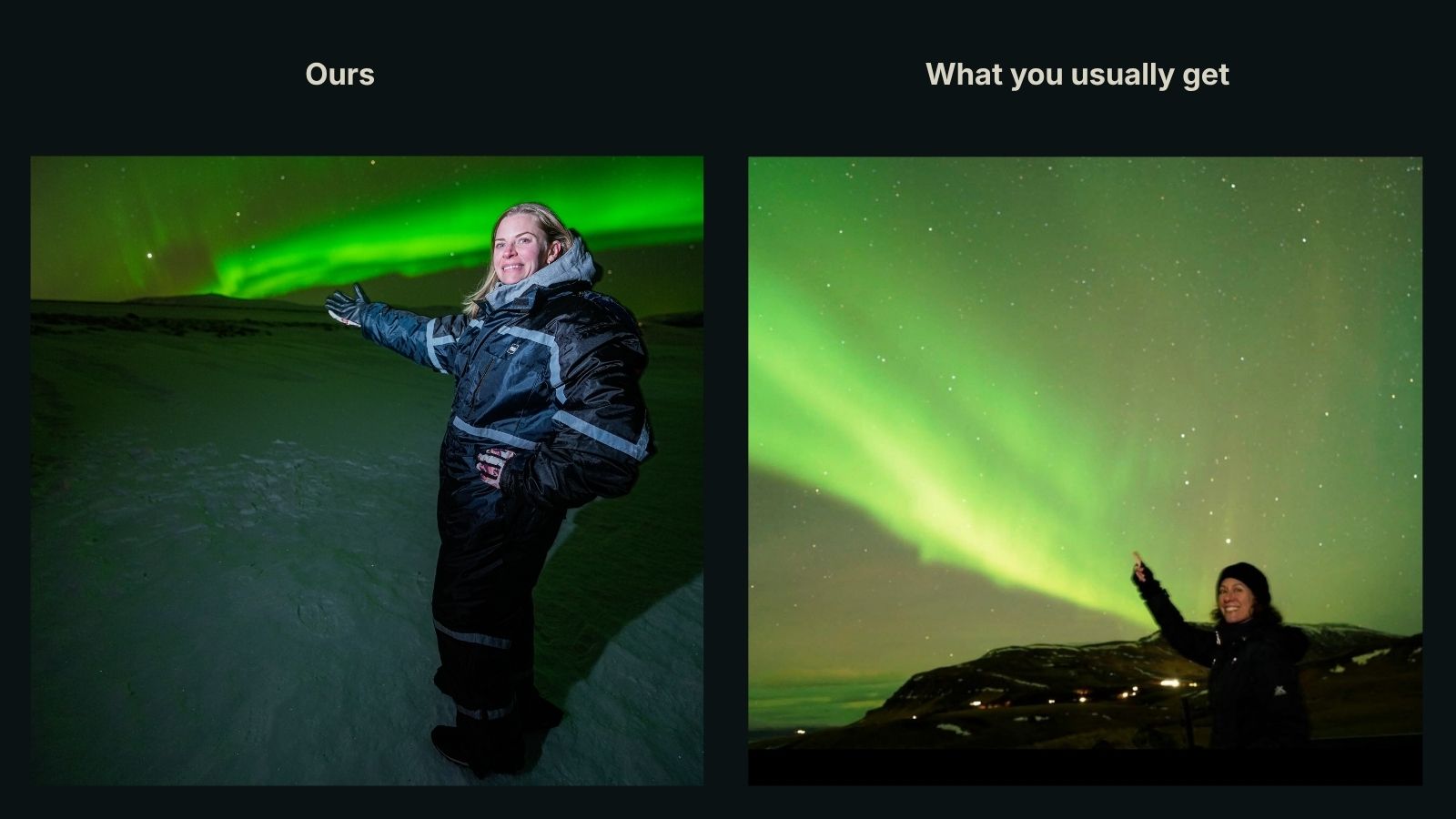 Side by side comparison labelled Ours and What you usually get. Ours shows a guest lit and filling the frame beneath an aurora; the other shows a small distant figure lost under a wide sky.