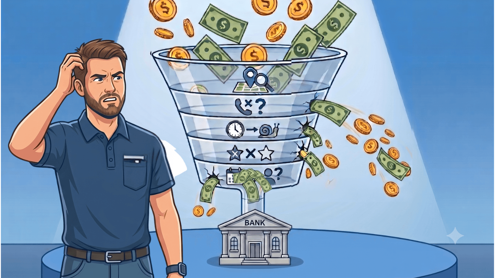 Illustration of money leaking from a local business funnel through missed calls, slow follow-up, weak reviews, stale contacts, and search visibility gaps.