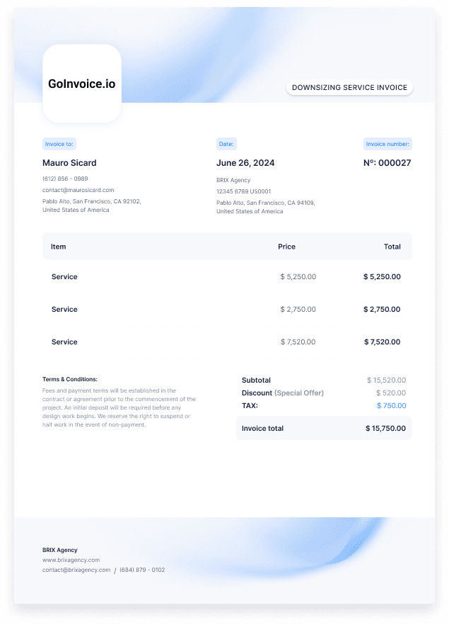 Downsizing Service Invoice