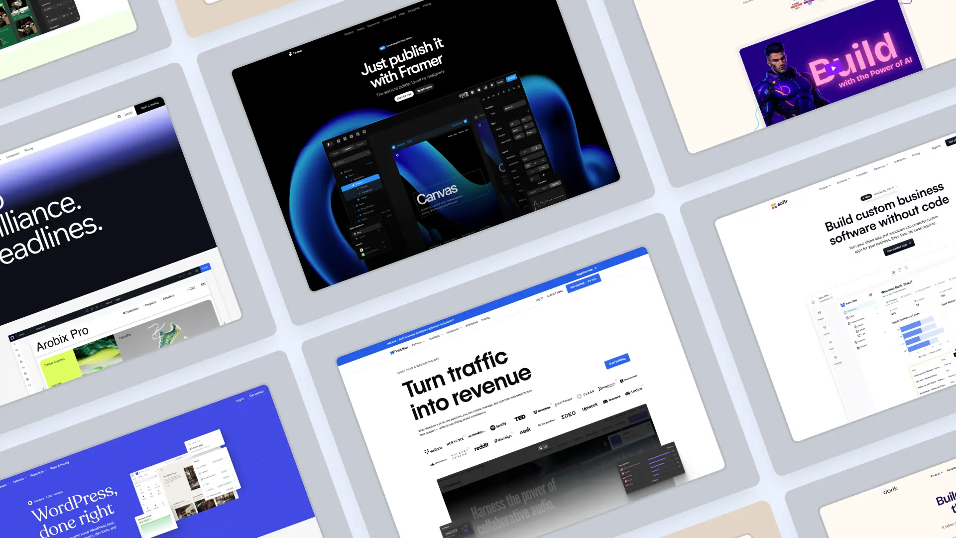 Top no-code website builder designs for 2025 including Framer, Softr, Webflow, and WordPress