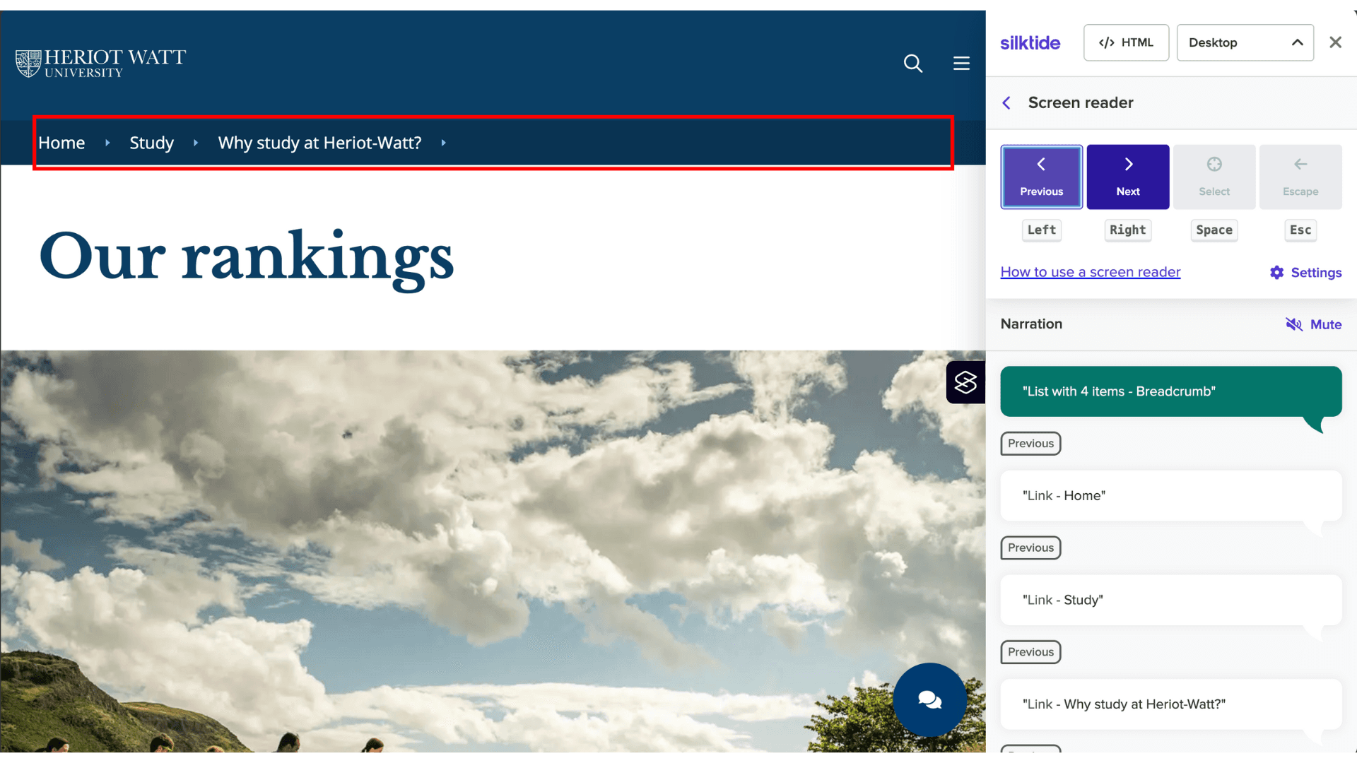 Image or Heriot Watt University website showing how a screen reader would interpret the breadcrumb navigation
