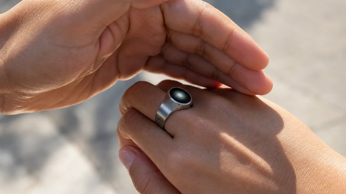 Hand shading a smart tasbih ring OLED display outdoors in bright sunlight