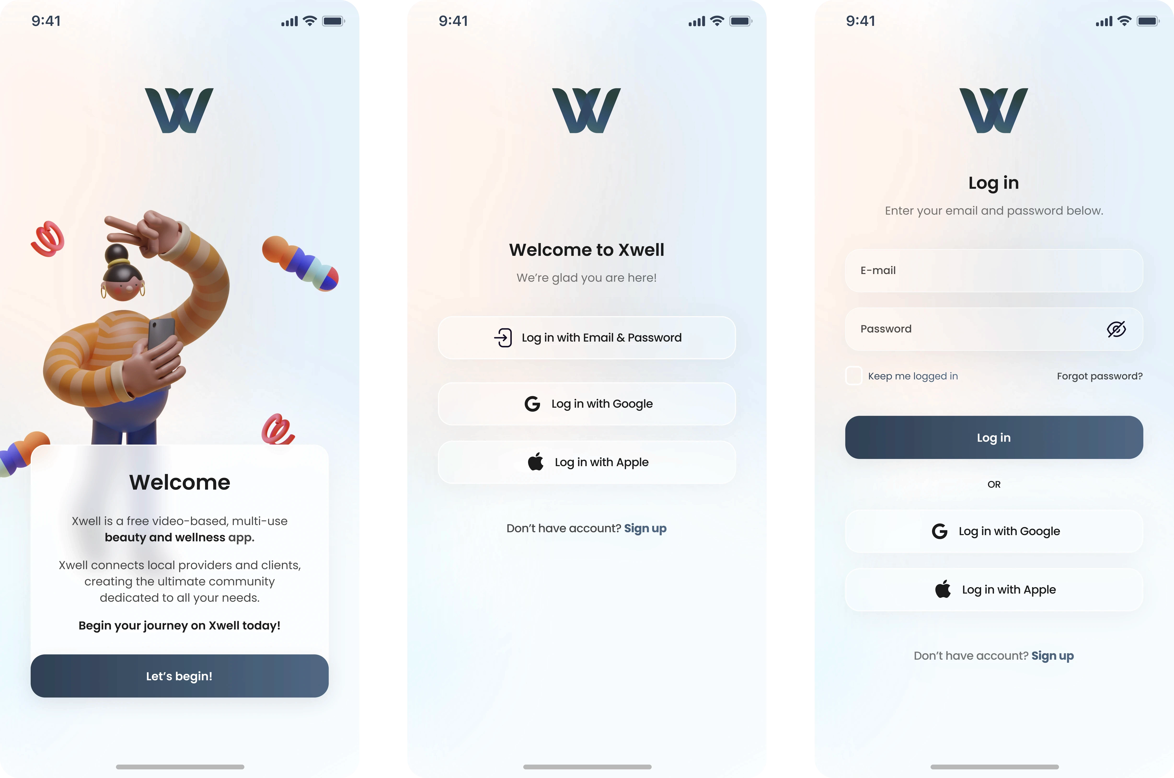 Three-screen onboarding and login flow from the redesigned Xwell mobile app — a beauty and wellness platform that connects users with local studios through a TikTok-style video discovery experience. The visuals show the welcome screen with a 3D character illustration, followed by clean, minimal login options including email, Google, and Apple sign-in. The UI emphasizes modern aesthetics, seamless onboarding, and a smooth transition into Xwell’s social, video-based service exploration and instant booking journey.