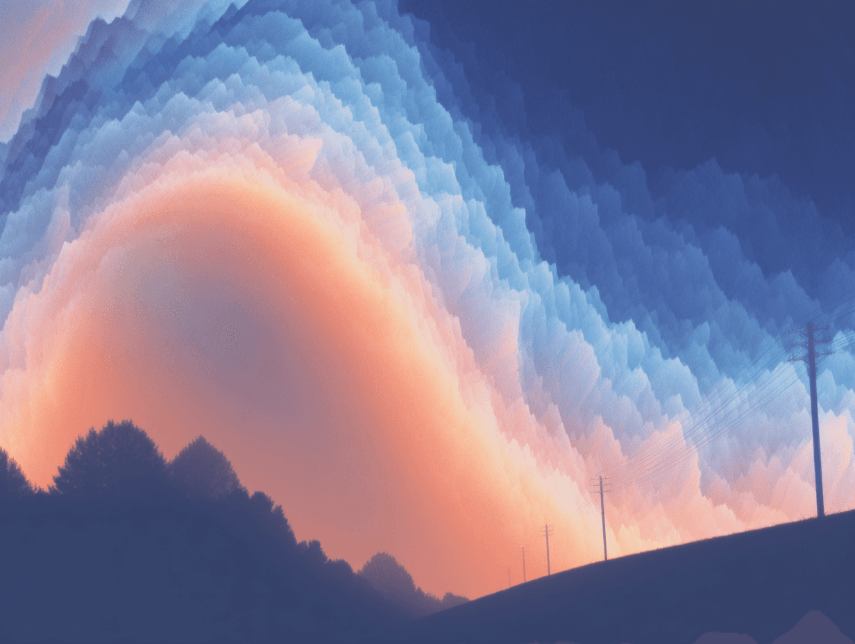 Abstract landscape with textured sky and silhouetted hills.