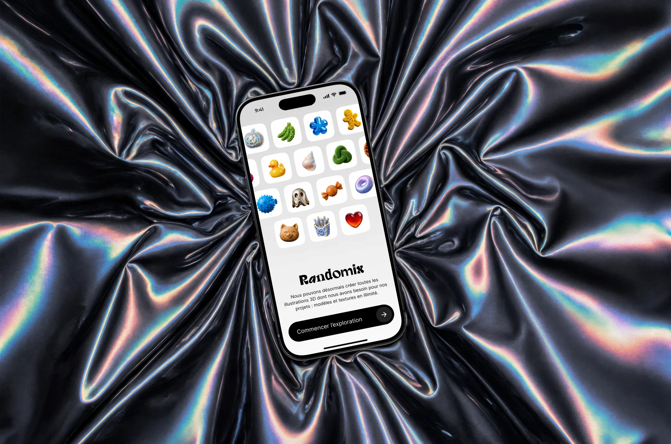 Interface mobile Randomix présentant une collection d’illustrations 3D