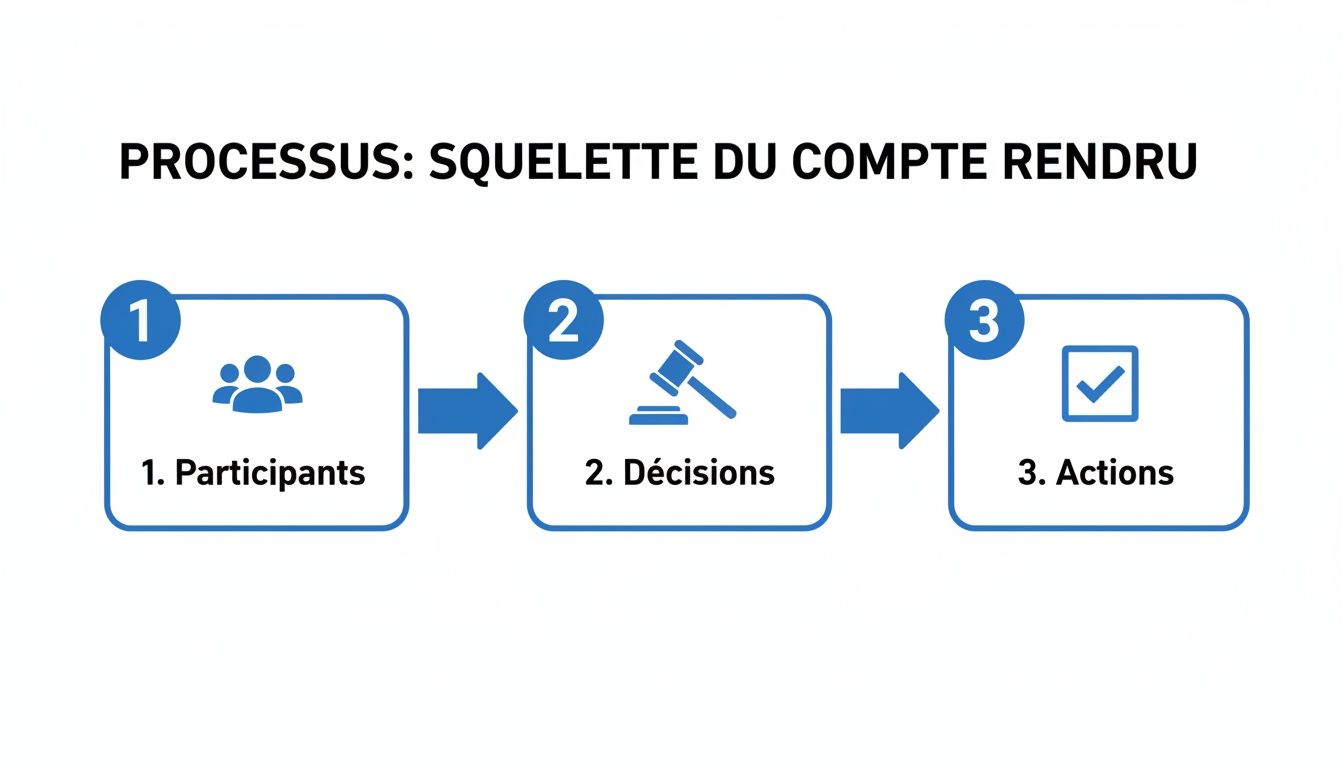 Diagramme visuel du processus de création d'un compte rendu en trois étapes : participants, décisions, actions.