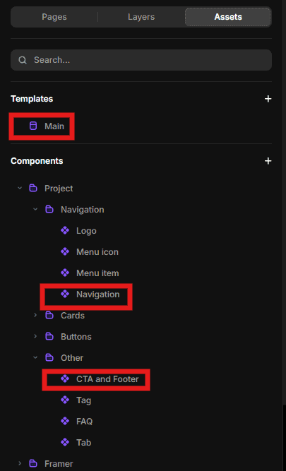 Finding the Nexias Navigation and Footer components in Assets