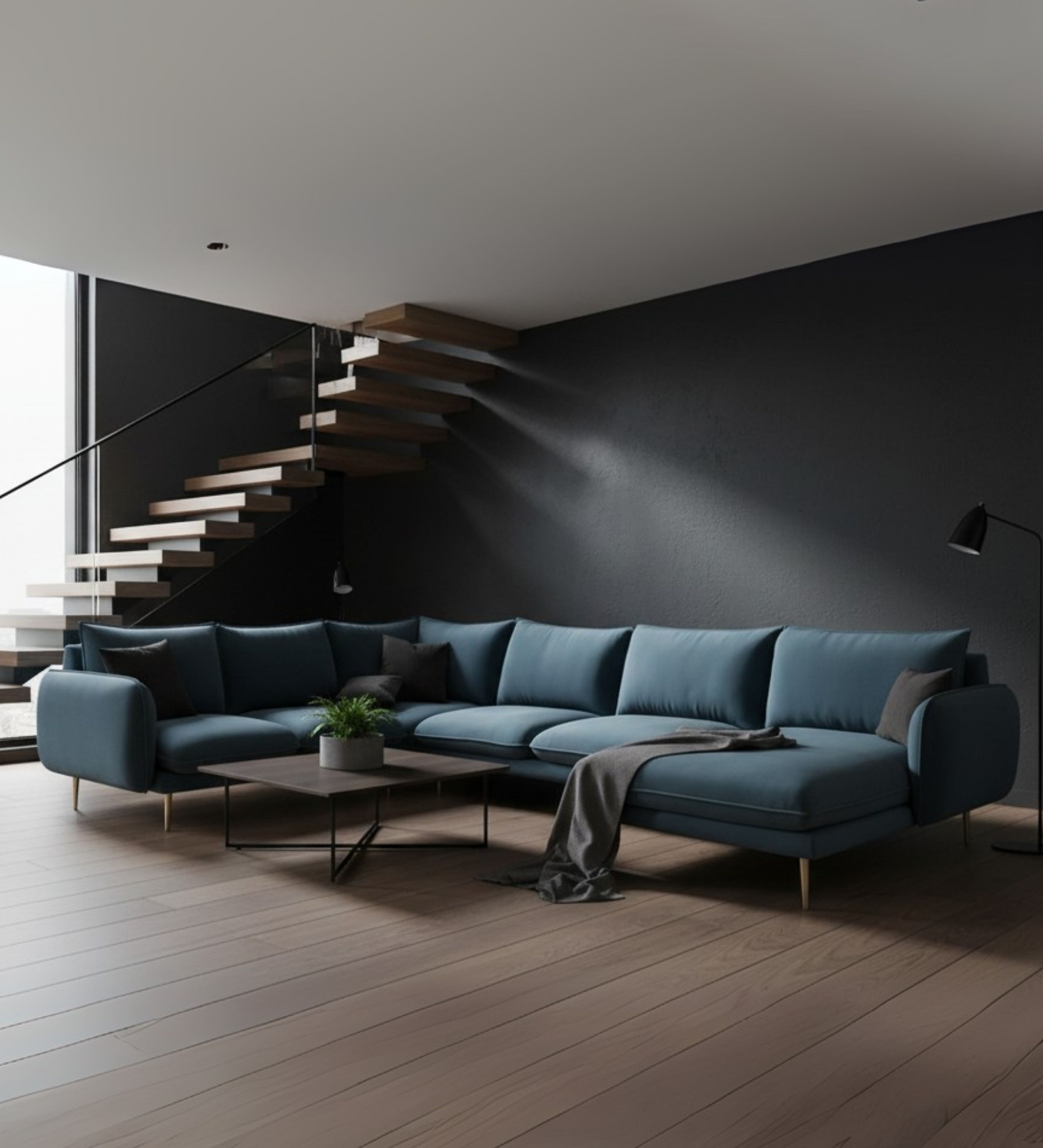 Sleek modern sofa with extended form and architectural living room setting