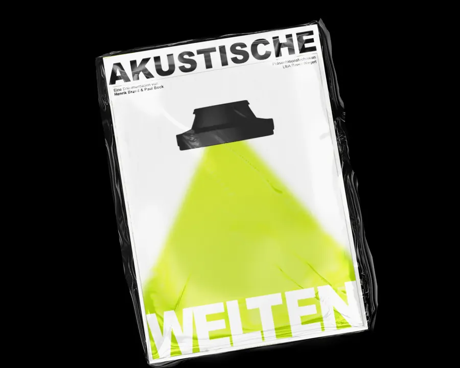 Akustische Welten, the poster shrink-wrapped and lit from the side.