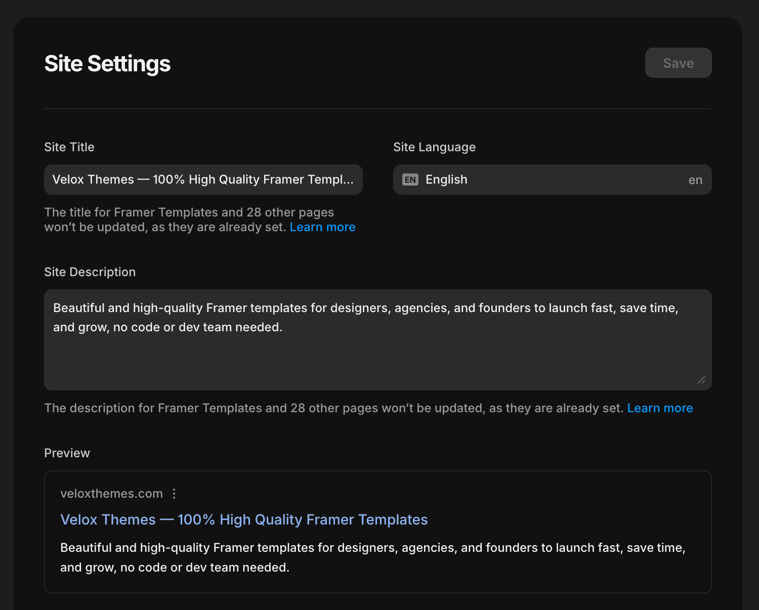 Framer site settings
