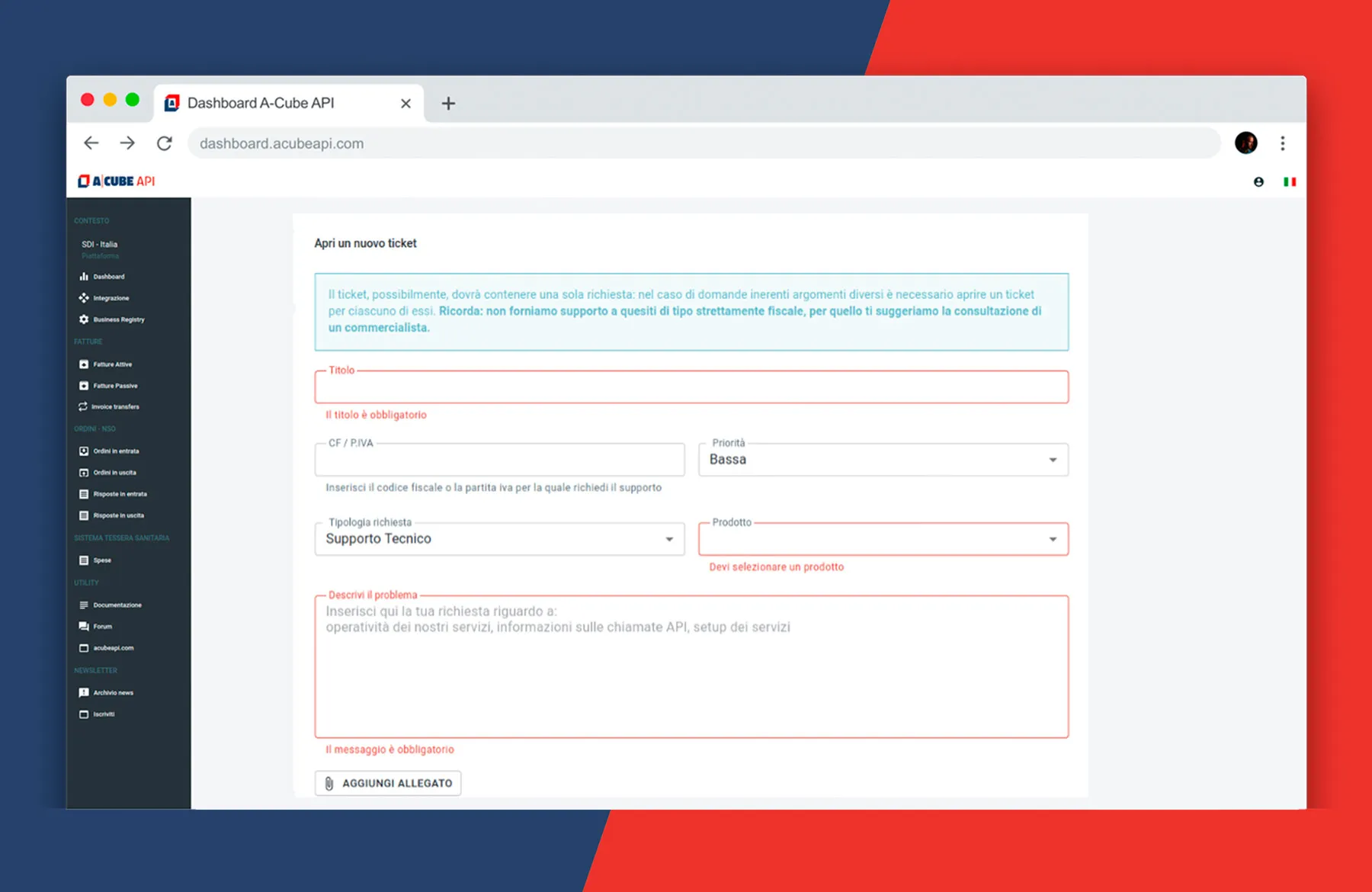 screenshot schermata di accesso all'helpdesk a-cube