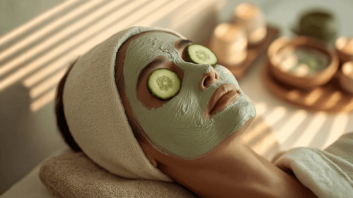A woman lying down with a towel wrapped around her head, her face glistening with facial oil. Her eyes are closed, and she appears to be enjoying a spa treatment in a peaceful setting.