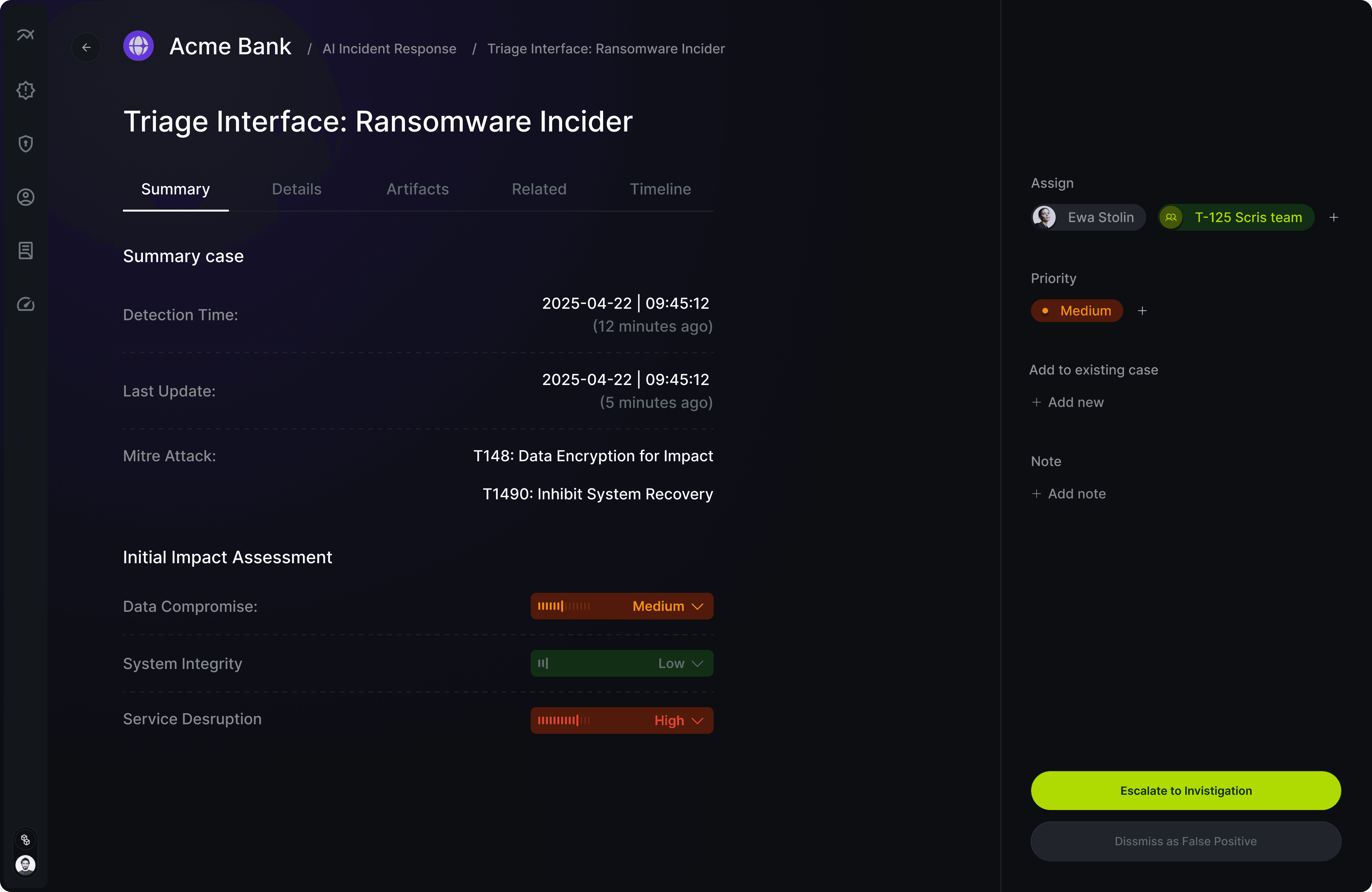 Triage interface for a ransomware incident at Acme Bank, detailing detection time, impact level, MITRE techniques, and escalation options. Includes user assignment and priority tagging.