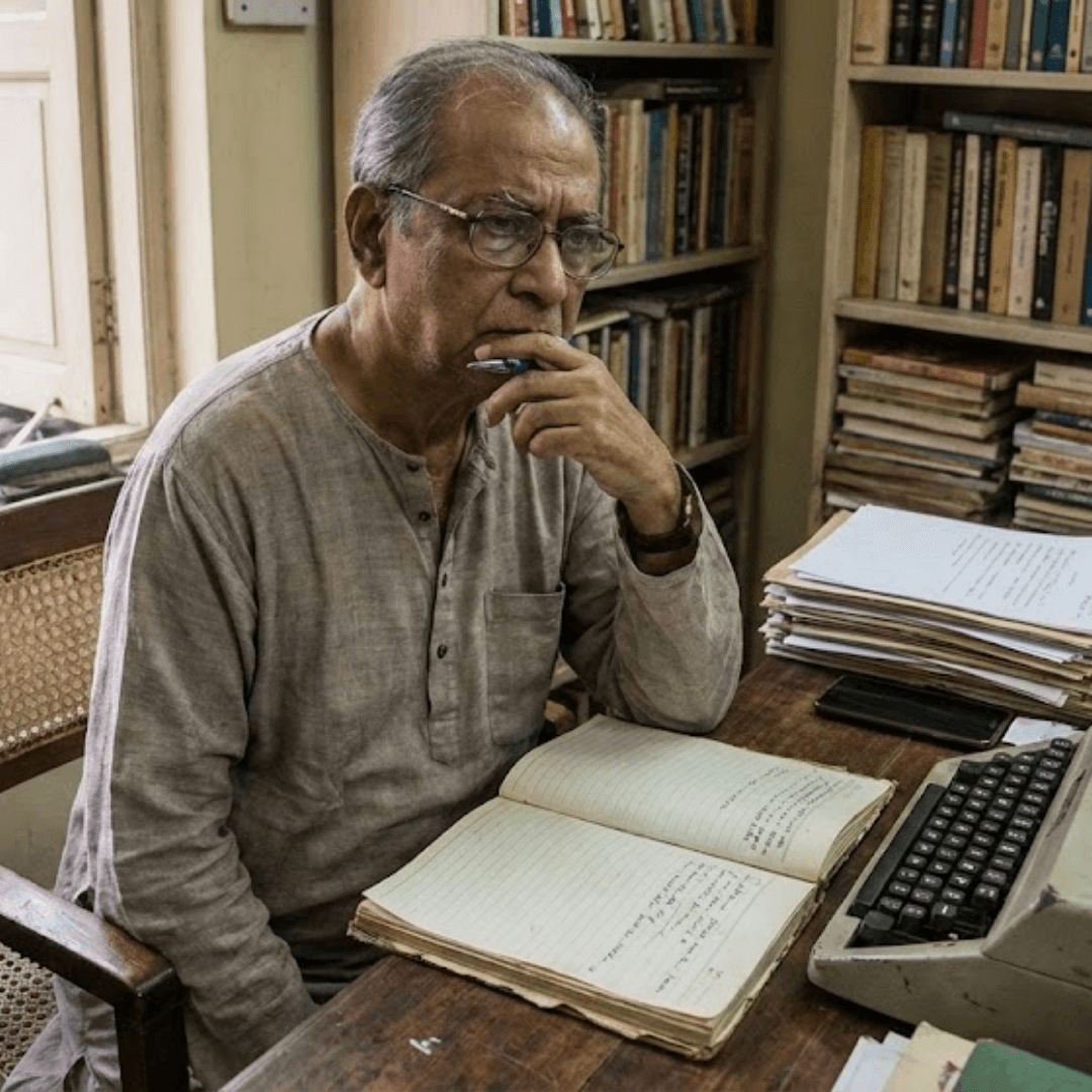 Writer working at a desk with handwritten notes, books, and a typewriter, deep in thought while developing a script or manuscript.