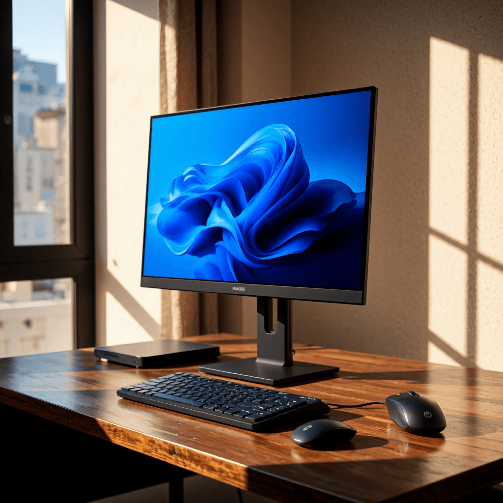 product photography of a desktop computer with monitor, keyboard, and mouse