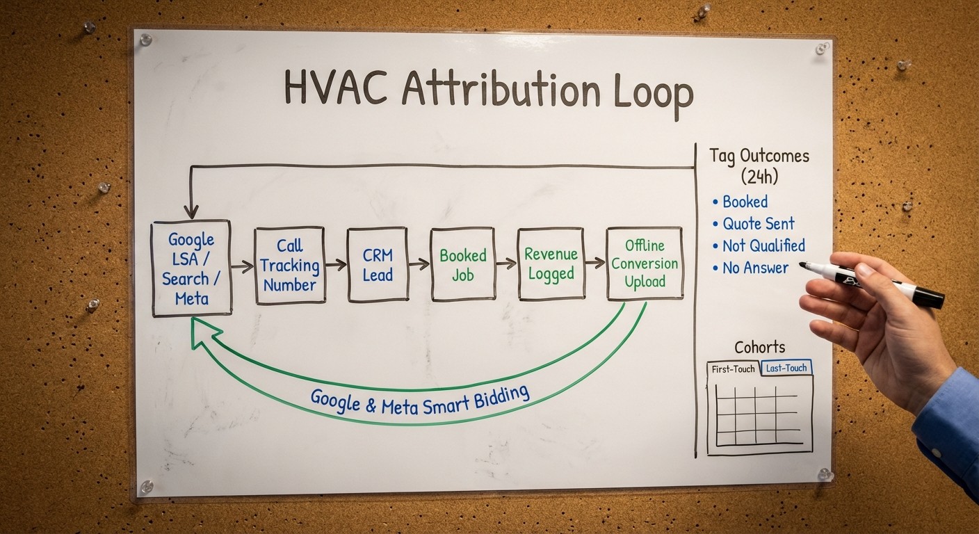 HVAC marketing attribution loop diagram connecting Google LSA, call tracking, CRM, booked jobs, revenue logging, and offline conversion uploads