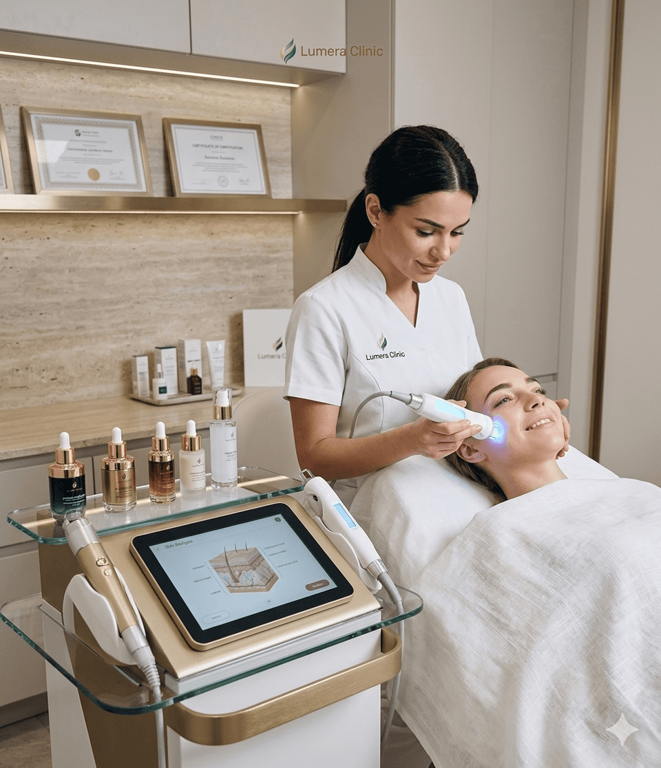 Smiling woman using a rose quartz Gua Sha stone and face roller for a facial massage