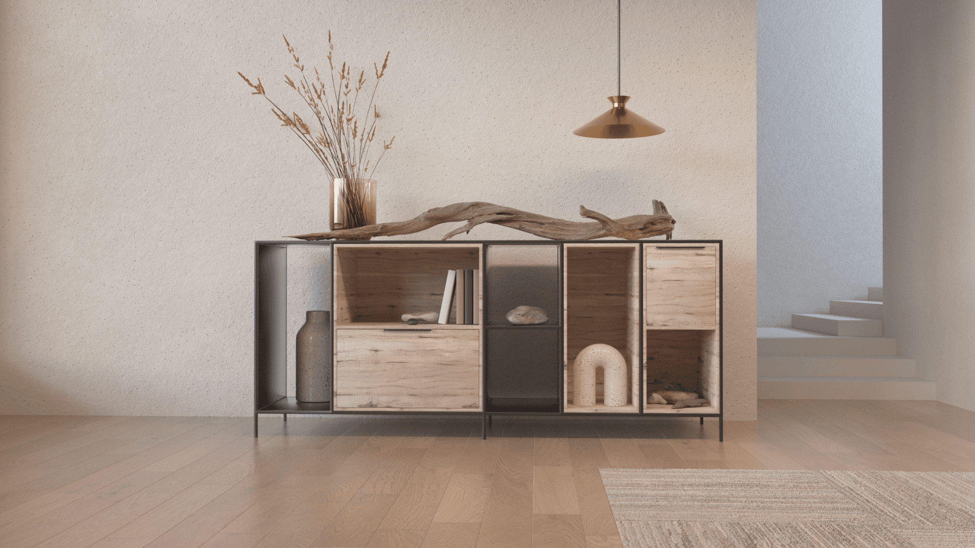 Interior rendered scene of a cabinet with decorative elments on it