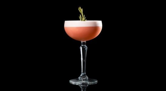 A closeup of a Sweet, Winter Vodka Pomegranate Whip drink against a dark background.