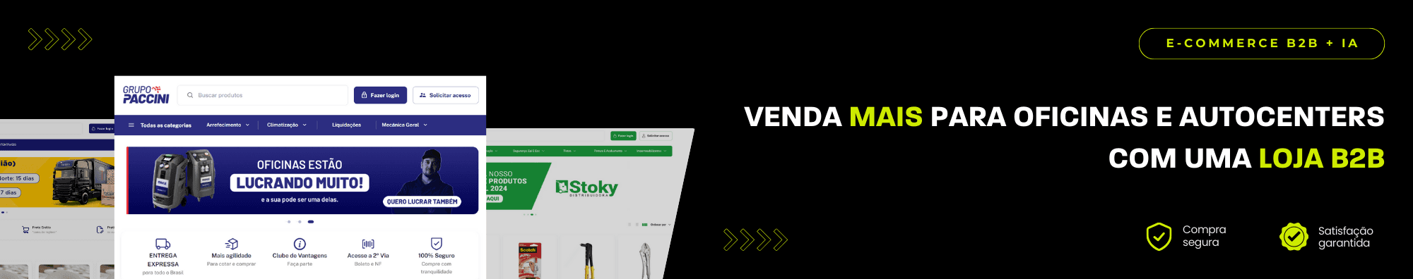 Banner horizontal com fundo escuro, ícones de segurança e satisfação, e imagens de lojas B2B exibidas à esquerda. Elementos gráficos em verde destacam o tema de e-commerce B2B com IA.