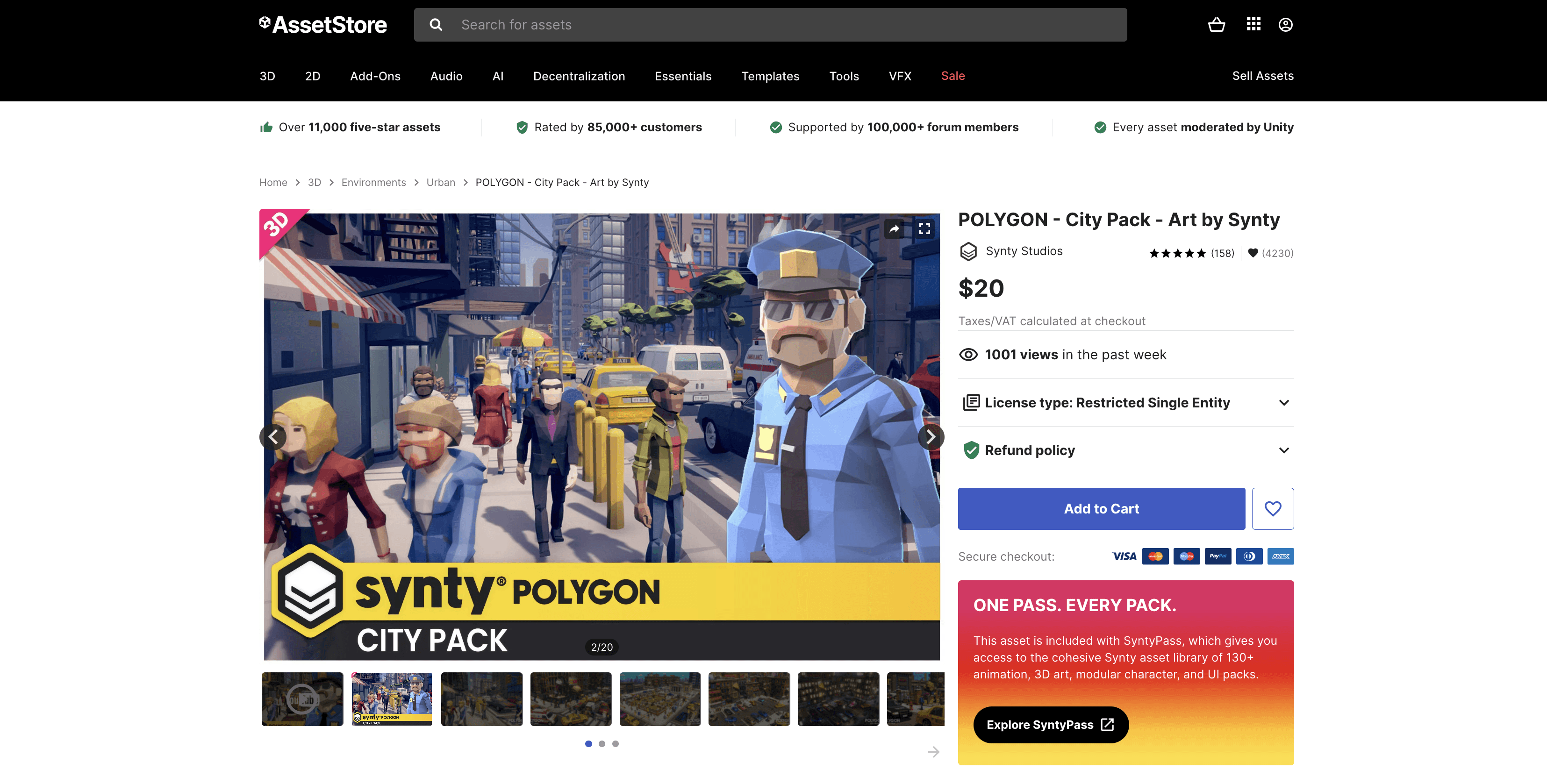Unity Asset Store listing for the POLYGON City Pack by Synty Studios, showing stylized urban characters, buildings, and vehicles.