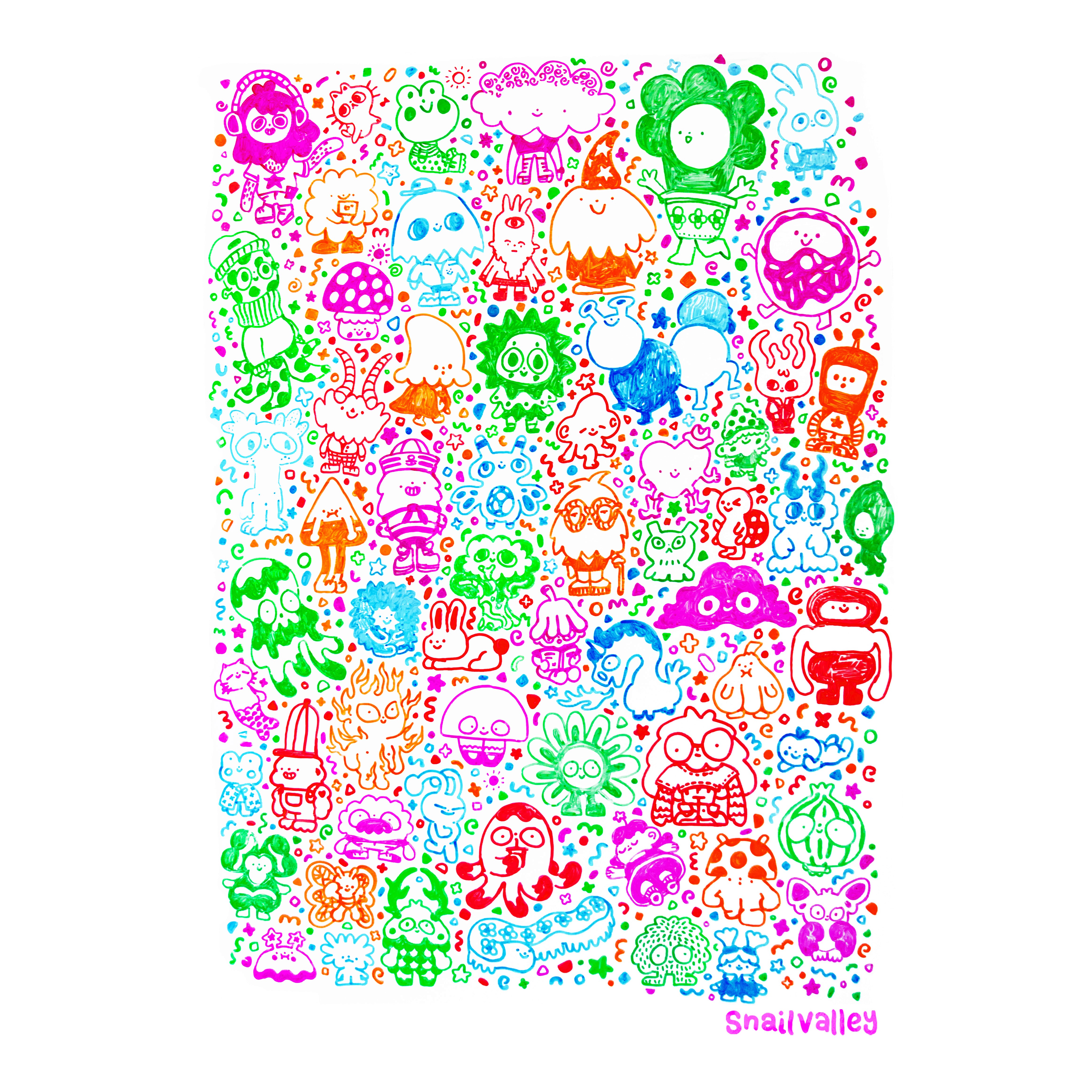 Dozens of unusual looking creatures, drawn in green, orange, blue, pink, and red.