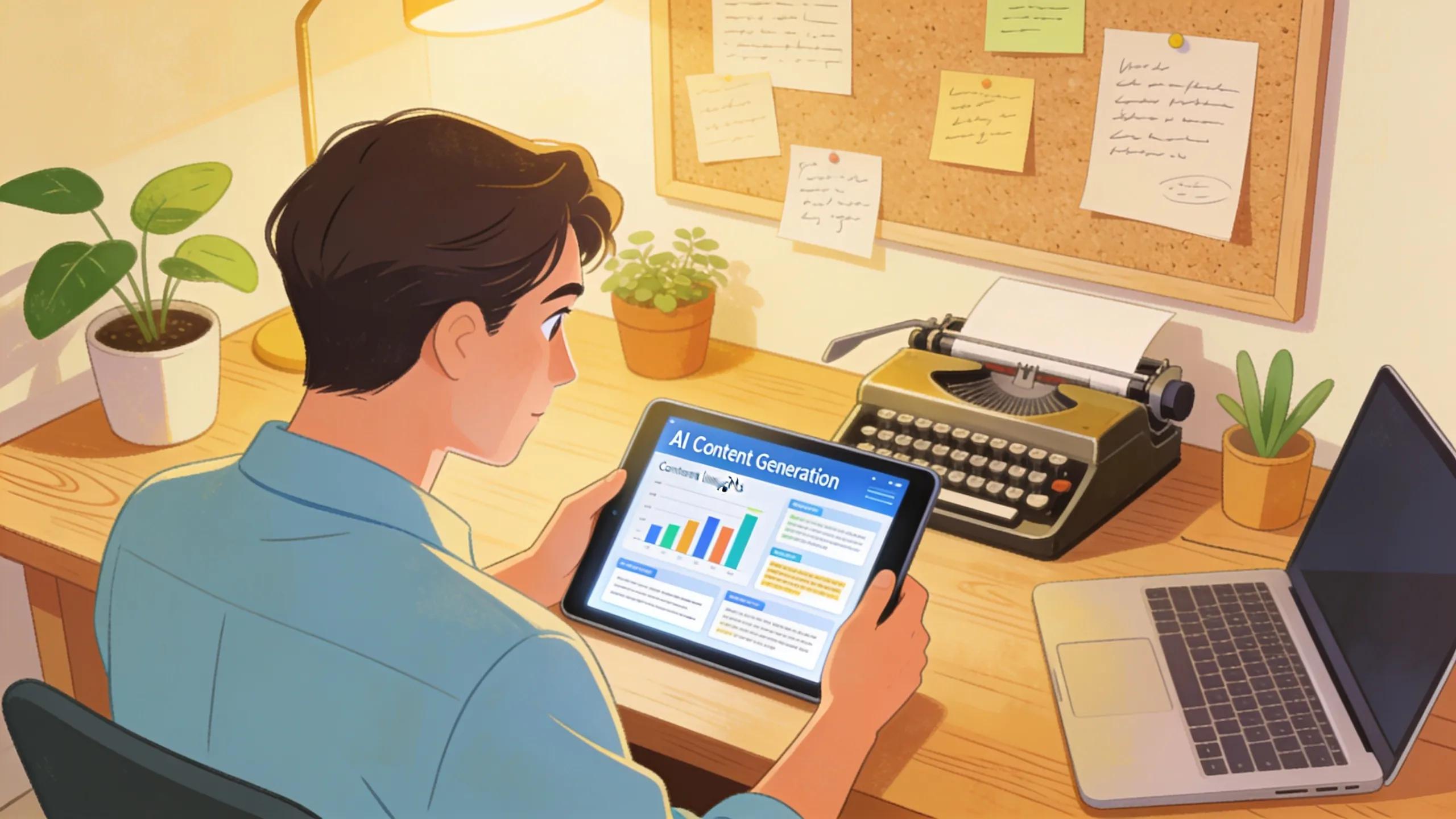 Marketer utilizing AI tools for content generation in a creative and inviting office space