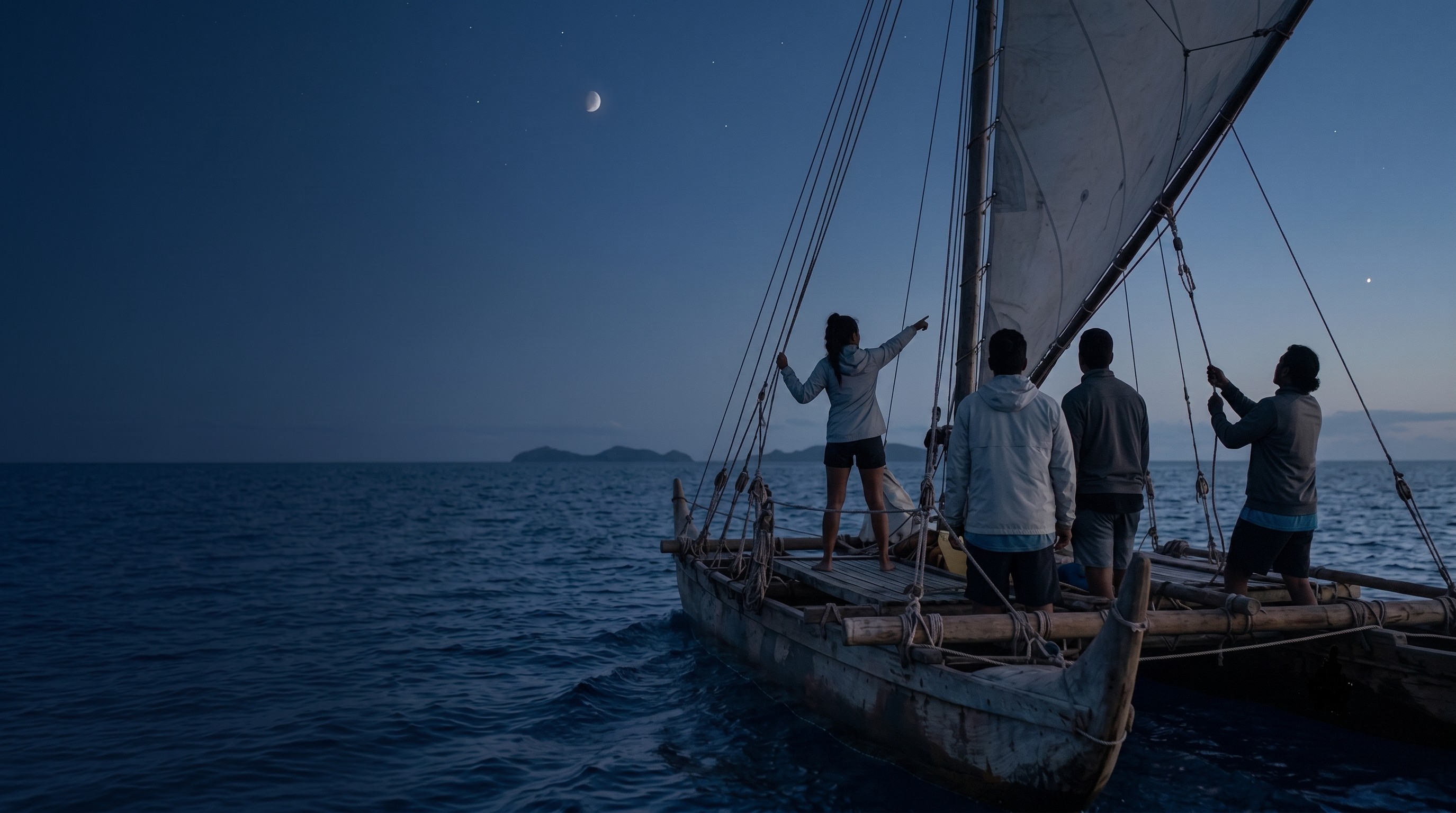 Young Pacific crew aboard a traditional double-hulled voyaging canoe at dusk, one navigator pointing out a star