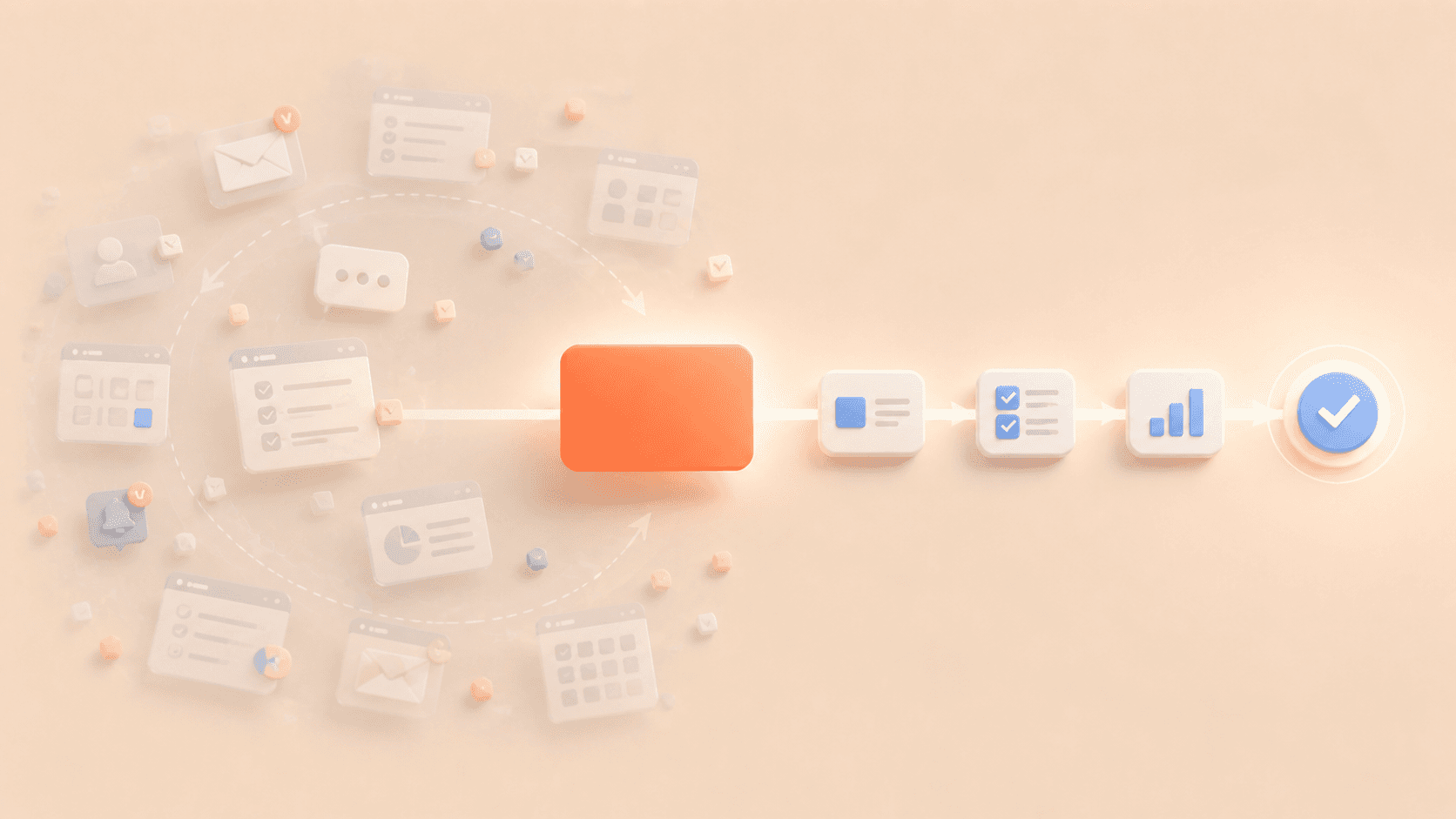 Minimalistische 3D-Illustration mit einer korallfarbenen Fokuskarte im Zentrum auf einem klaren, geraden Pfad. Links kreisen halbtransparente Elemente wie E-Mail-, Dashboard- und Aufgabenkarten in einer weichen Schleife und symbolisieren wiederholte, stagnierende Beschäftigung. Rechts führen wenige geordnete Schritte zu einem klaren Ergebnis-Icon, während der warme cremebeige Hintergrund und sanfte Schatten den Übergang von Busy Work zu zielgerichteter Umsetzung darstellen.