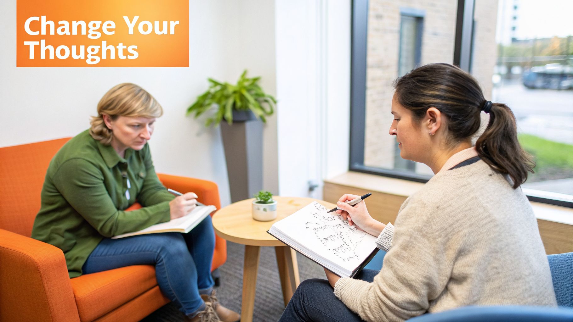 Two women, possibly therapist and client, write in notebooks during a therapy session with a 'Change Your Thoughts' sign.